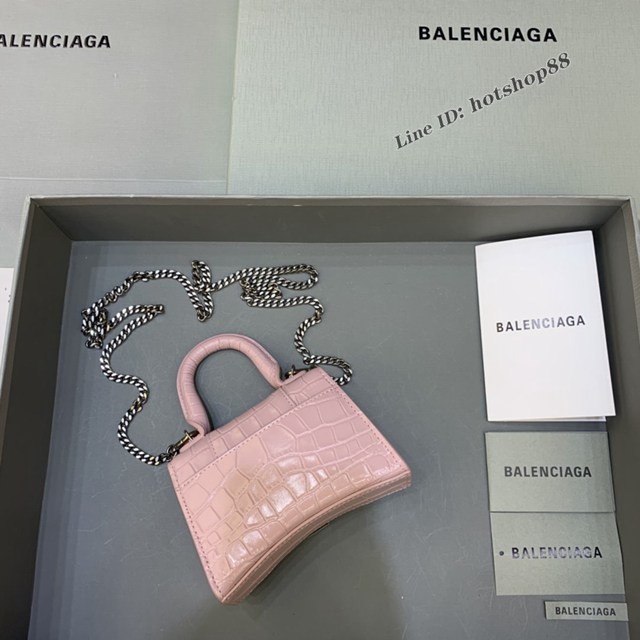 Balenciaga專櫃爆款mini Hourglass沙漏包 巴黎世家鱷魚紋豆沙粉色超迷你號手提肩背女包 fyj1553